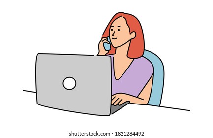 Woman telephone consultant in workplace. Beautiful woman working in a call center with laptop on desk