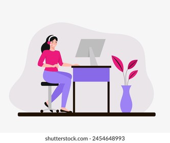 A woman telephone consultant works in the office. Vector flat illustration.