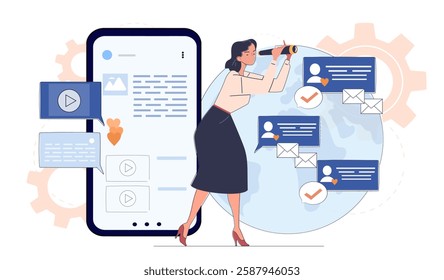 Woman with a telescope analyzing social media interactions on smartphone screen. Messages and notifications appear around globe on tech background. Concept of digital networking. Vector illustration