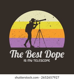 Mulher com telescópio. Astrônomo no trabalho. Retro 60s, 70s design, etiqueta