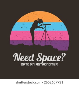 Mulher com telescópio. Astrônomo no trabalho. Retro 60s, 70s design, etiqueta