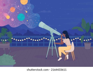 Woman With Telescope Enjoying Stargazing On Rooftop At Night Flat Color Vector Illustration. Astronomic Hobby. Fully Editable 2D Simple Cartoon Character With Dark Sky On Background