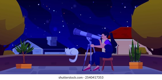 Mujer con telescopio disfrutando de la observación de estrellas en la azotea con el gato en la noche. Ilustración plana de Vector. Afición astronómica. Terraza en la azotea con vistas a las casas de pueblo de verano y los árboles