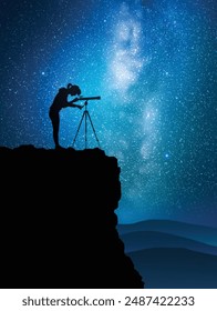 Woman and telescope on rock. Astronomer at work. Milky Way, starry sky