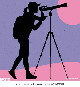 Woman with telescope on tripod. Vector silhouette, graphic background
