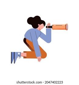 woman with telescope on white background