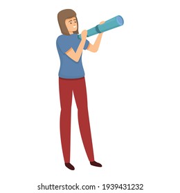 Mujer con telescopio, icono de gestión del tiempo. Caricatura de la mujer con el telescopio icono vectorial de gestión del tiempo para el diseño web aislado en fondo blanco