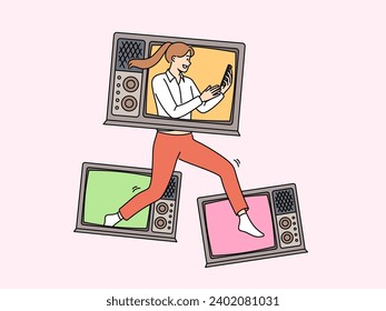 Woman with televisions holds phone showing love for watching online videos in mobile applications. Girl runs with televisions on body and dreams becoming star and participating in filming of TV show.