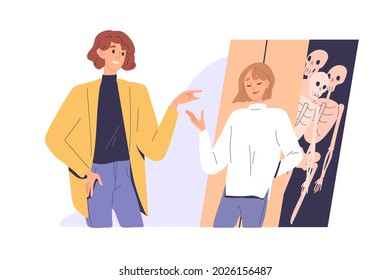 Woman tell lies and deceive man, hide skeletons in closet. Distrust, mistrust, deception in couple relationship concept. Girlfriend with secrets cheating. Flat vector illustration isolated on white