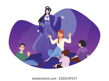 Woman telling legends about Chang goddess, flat vector illustration isolated on white background. Mid Autumn Festival celebration. Chinese culture holiday.