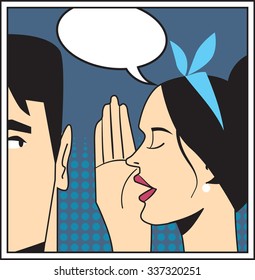 Woman telling secrets to men in pop art style vector illustration. 