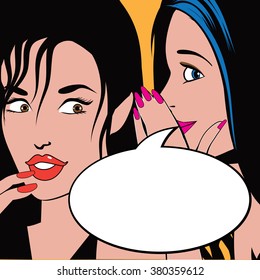 Woman telling secrets with speech bubble for our message. Pop art retro style. EPS 10 vector.