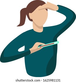 Woman with temperature holds thermometer. 