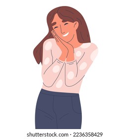 Mujer con emoción tierna. Niña linda mostrando emociones de ternura, carácter femenino sonriente lenguaje corporal positivo ilustración vectorial plana sobre fondo blanco