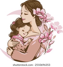 Uma mulher segurando ternamente uma criança em seus braços, Uma imagem emocionante de uma mãe e criança abraçando com flores no fundo, ilustração vetor plana simples e minimalista