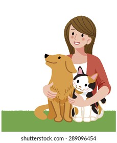 A Woman Tenderly Holding Her Dog And A Cat, Looking Up.