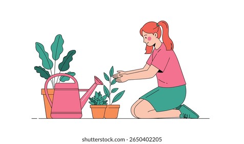Woman tending to potted plants with a watering can indoors illustrating home gardening activity