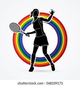 Woman tennis player action designed on line rainbows background graphic vector.