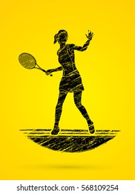 Woman tennis player action designed using black grunge brush graphic vector.