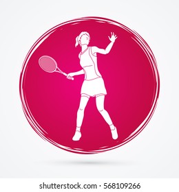 Woman tennis player action designed on grunge circle background graphic vector.