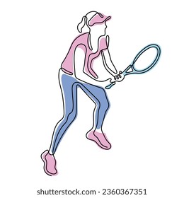 Woman tennis player continuous line colourful vector illustration