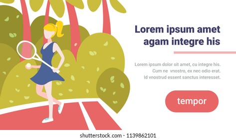 woman tennis player hold racket outdoor palm landscape background female sport activity cartoon character full length flat horizontal copy space vector illustration