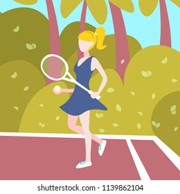 woman tennis player hold racket outdoor palm landscape background female sport activity cartoon character full length flat vector illustration