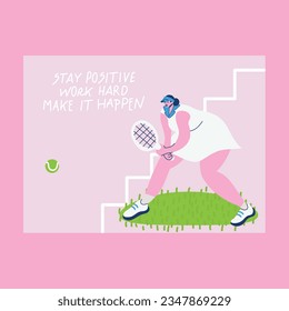 Woman tennis player and motivational quote on the card.