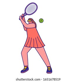 Woman tennis player with a racket.Female athlete hand drawn vector illustration.Sport game.Isolated on a white background.