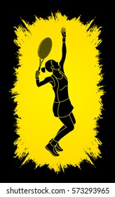 Woman tennis player serve designed on grunge frame background graphic vector.