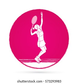 Woman tennis player serve designed on grunge circle background graphic vector.