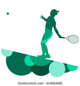 Woman tennis player sport silhouette round abstract mosaic vector background illustration