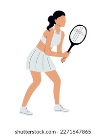 Woman tennis player. Sportswoman with racquet cartoon character isolated on white background. Young woman sportive character in uniform playing tennis. Workout playing tennis flat vector illustration