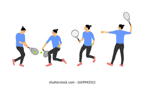 Woman tennis player vector illustration isolated on white background. Sport tennis shadow isolated. Recreation pose. Girl play tennis. Active lady hobby training after work. Anti stress worming up .