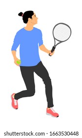 Woman tennis player vector illustration isolated on white background. Sport tennis shadow isolated. Recreation pose. Girl play tennis. Active lady hobby training after work. Anti stress worming up .
