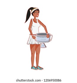 woman tennis playing with cup trophy