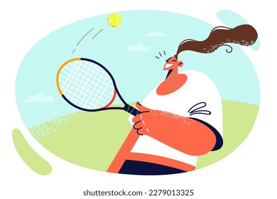 Woman with tennis racket and ball is preparing for important competition by training to repel opponent attacks. Girl goes in for tennis to maintain slim body and lead healthy lifestyle 