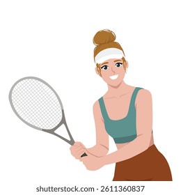 Woman with tennis racket ready to play, showing enthusiasm and confidence on the court. Flat Vector character illustration