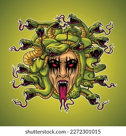 a woman with a terrible face with a lot of green snakes almost covering her face. Greek mythological creature in the form of a woman with snakes as her hair.