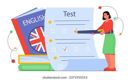 Woman with test check concept. Young girl with pencil near document answers questions. English language learning and examination. Education and training. Cartoon flat vector illustration