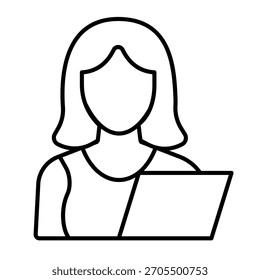 Frau und Testblatt Papier dünne Linie Symbol, Familientherapie Konzept. Vektorgrafiken. Junge Frau und Notizbuch, Profilzeichen auf weißem Hintergrund, Umrissstil-Symbol für Mobil- oder Webdesign