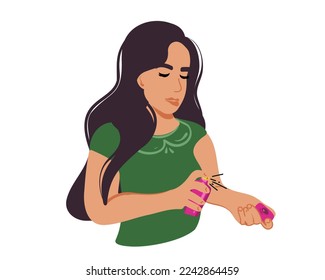 Una mujer está probando perfume. Ilustración vectorial plana