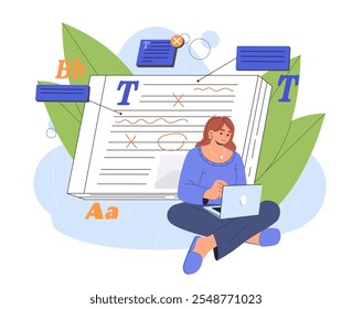 Woman with text editing. Young girl with laptop edits text of article on website. Freelancer and remote worker. Person correct mistakes. Flat vector illustration isolated on white background