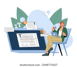 Woman with text editing. Young girl with laptop edits text of article on website. Freelancer and remote worker. Person correct mistakes and problems. Online earnings. Flat vector illustration