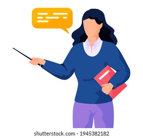 Mujer con libro de texto y puntero, profesora de escuela. El profesor habla de texto, explicando la lección