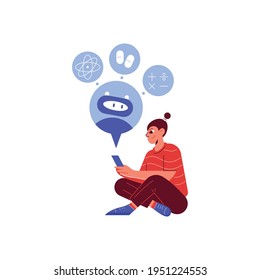 Woman texting with chatbot on mobile phone flat icon vector illustration