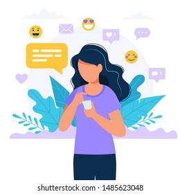 Woman texting with a smartphone, social media icons. Concept vector illustration in flat style