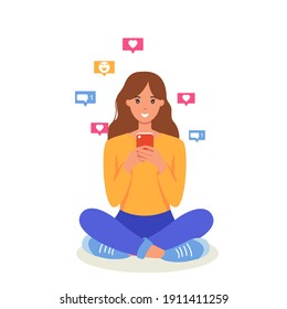 Woman texting with a smartphone, social media icons. Concept vector illustration in flat style. Cute happy girl holding cellphone, using mobile dating application to chat or sending romantic message. 