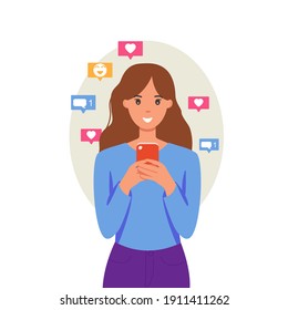 Woman texting with a smartphone, social media icons. Concept vector illustration in flat style. Cute happy girl holding cellphone, using mobile dating application to chat or sending romantic message. 