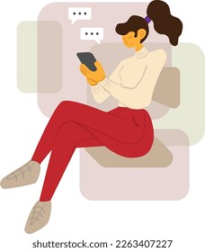 Woman texting while sitting flat pastel illustration with earth tones.